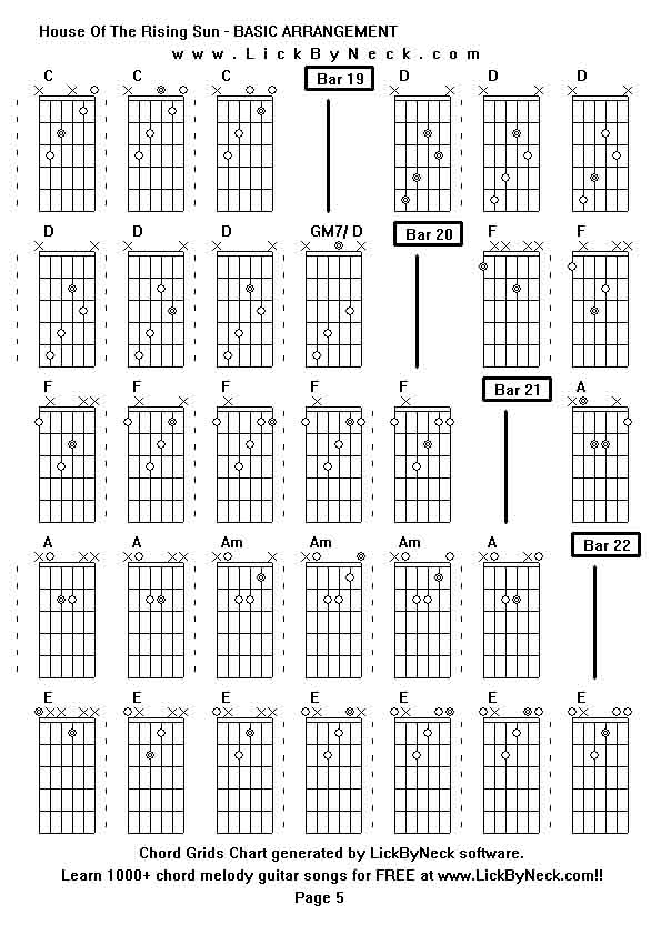 Chord Grids Chart of chord melody fingerstyle guitar song-House Of The Rising Sun - BASIC ARRANGEMENT,generated by LickByNeck software.